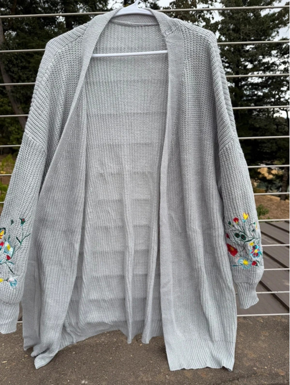 Light Gray Cardigan size 1X with embroidered flowers on sleeves